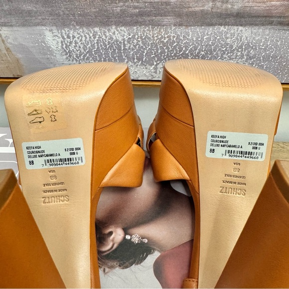 ❤️ NEW Schutz Keefa High Heels Platform Sandals Caramelo Tan Cognac Napa Leather - Picture 9 of 12